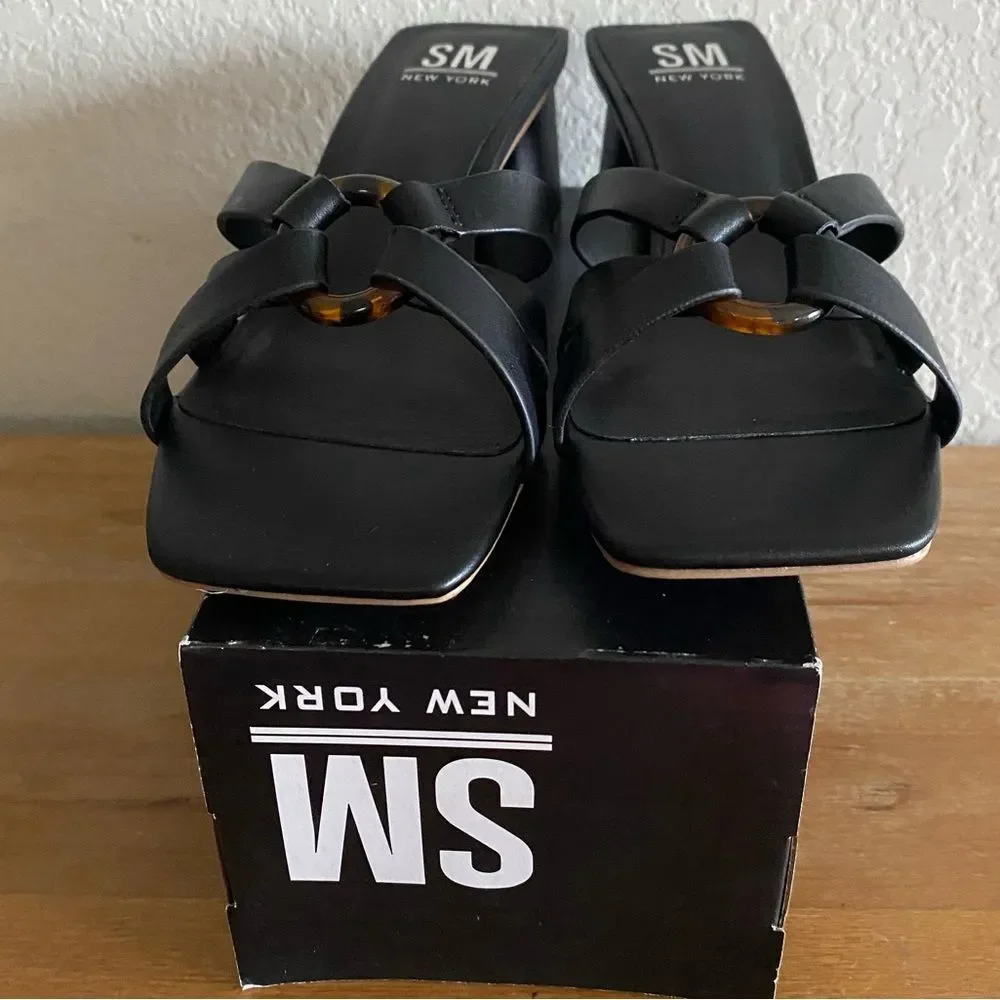 SM New York NEW Black Square Toe Block Heel Heeled Sandals Size 8.5 2” Heel